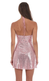 Sequin Florette Halter Dress in Pink